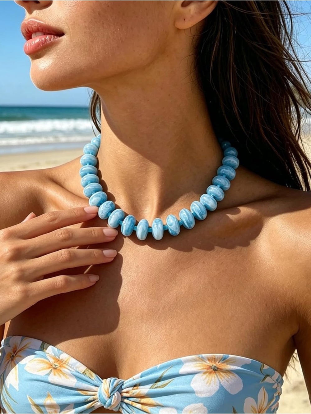 Sky Blue Marbled Beaded Statement Necklace